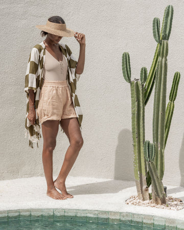 Checkered Kimono handmade by Village Thrive using natural materials.