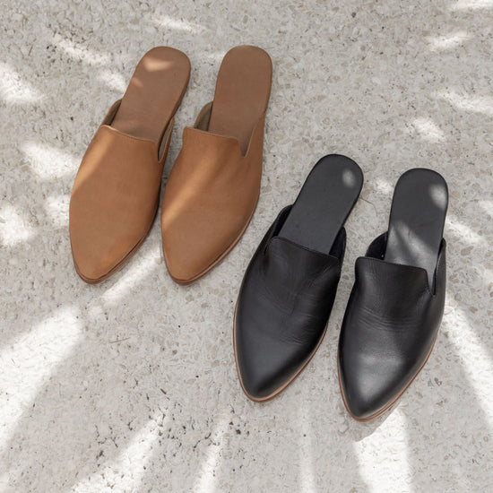 Mira Leather Mules handmade by Village Thrive using natural materials.