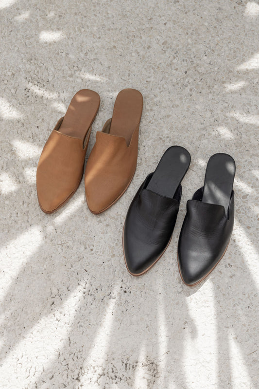 Mira Leather Mules handmade by Village Thrive using natural materials.