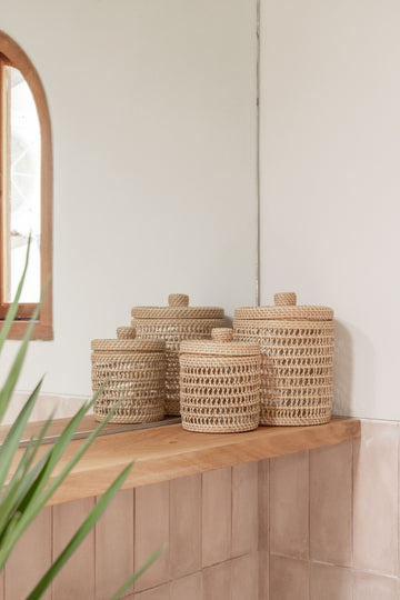 Woven Rattan Basket Set with Lids PREORDER handmade by Village Thrive using natural materials.