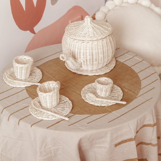 Kids Rattan Tea Set handmade by Village Thrive using natural materials.
