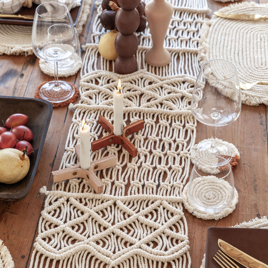 Scallop Macrame Table Runner handmade by Village Thrive using natural materials.