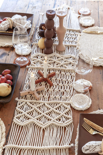 Scallop Macrame Table Runner handmade by Village Thrive using natural materials.