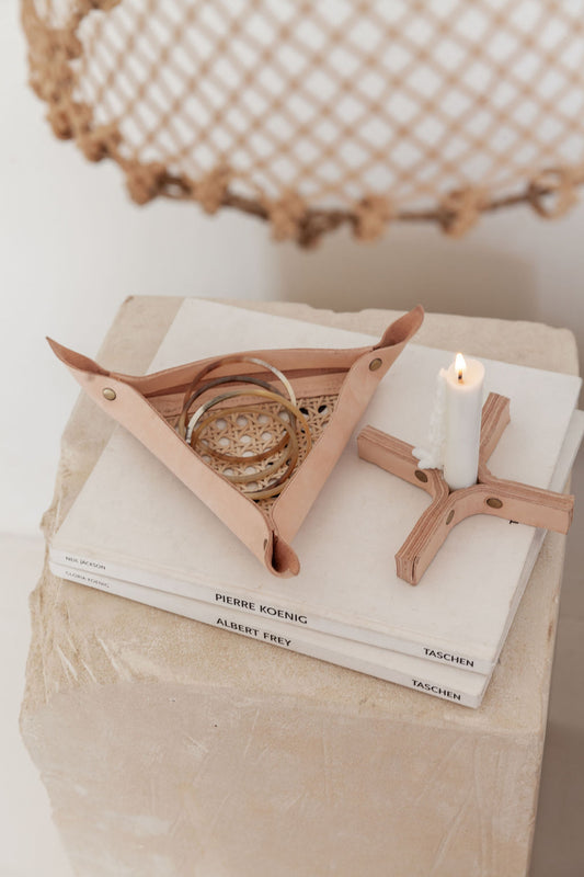 Leather and Cane Webbing Catch-all handmade by Village Thrive using natural materials.