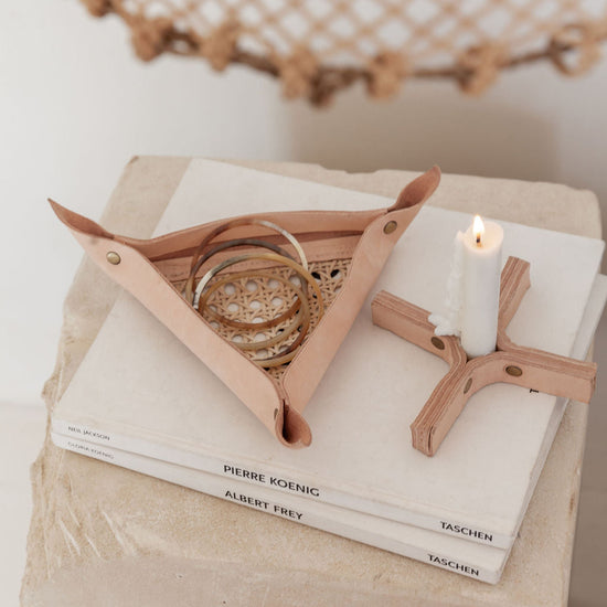 Imperfect Leather and Cane Webbing Catch-all handmade by Village Thrive using natural materials.