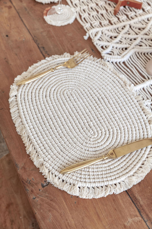 Organic Cotton Macrame Placemat handmade by Village Thrive using natural materials.