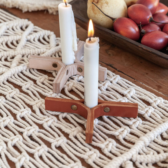 Minimal Leather Candle Holder Set of 2 handmade by Village Thrive using natural materials.