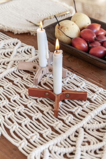 Minimal Leather Candle Holder Set of 2 handmade by Village Thrive using natural materials.
