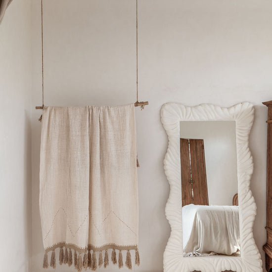 Hand Loomed Cotton Blanket in Gold Motif handmade by Village Thrive using natural materials.