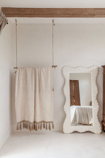 Hand Loomed Cotton Blanket in Gold Motif handmade by Village Thrive using natural materials.