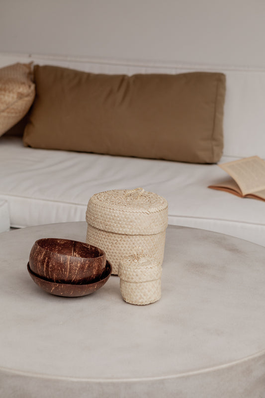 Blonde Small Storage Basket Set handmade by Village Thrive using natural materials.