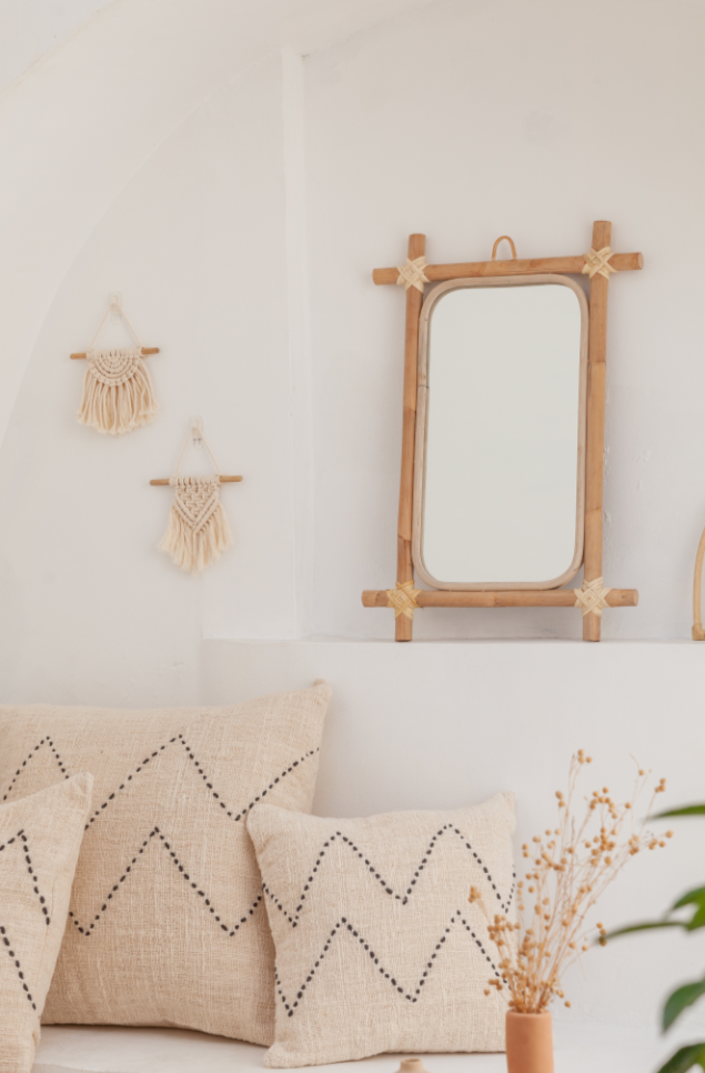 Rectangle Rattan Mirror handmade by Village Thrive using natural materials.