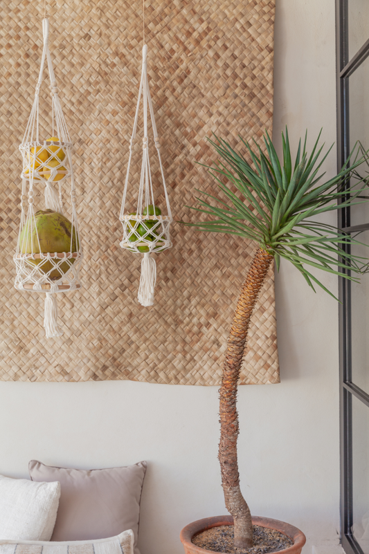 Macrame Hanging Basket handmade by Village Thrive using natural materials.