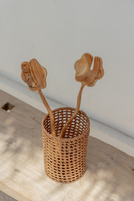 Flora Teak Salad Serving Spoon Set handmade by Village Thrive using natural materials.