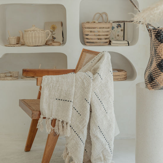 Hand Loomed Blanket Natural with Lines Motif handmade by Village Thrive using natural materials.