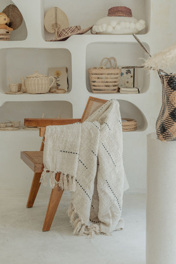 Hand Loomed Blanket Natural with Lines Motif handmade by Village Thrive using natural materials.